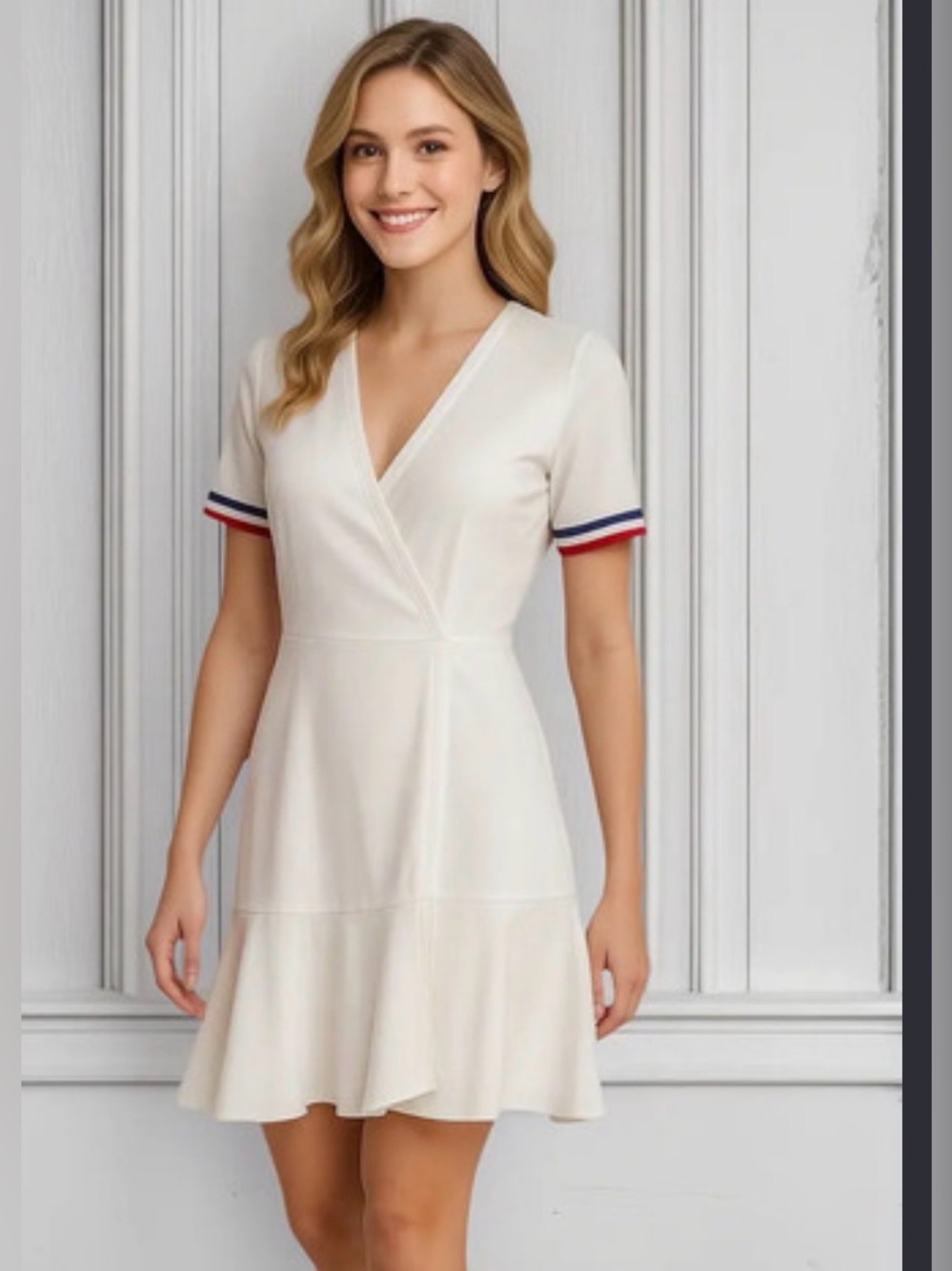 Tommy Hilfiger Cream V-Neck Short Dress with Red & Blue Stripe Trim